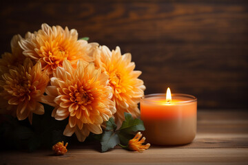 Obraz na płótnie Canvas Orange autumnal flowers in vase and lit candle on wooden background