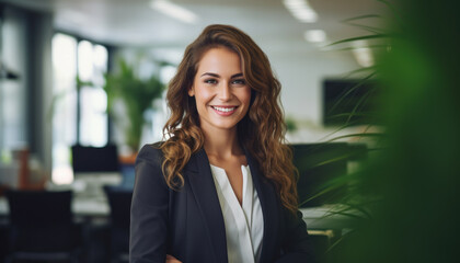 Beautiful Young Woman Smiling in the Office - Professional Joy - Generative A