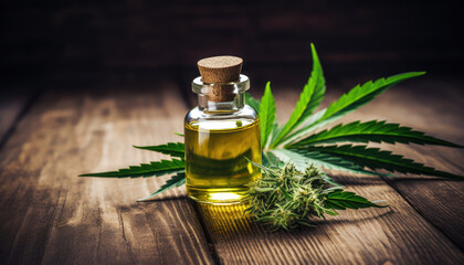 CBD Oil with Indian Hemp Leaves on Wooden Table - Natural Wellness - Generative AI