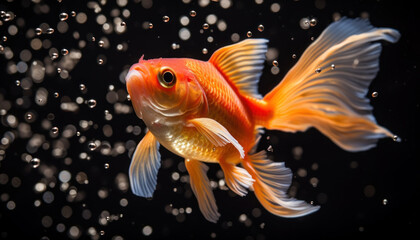 Small Goldfish and Water Bubbles on Black Background - Subtle Elegance - Generative AI