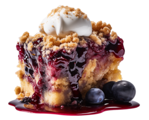 Close-up of a piece of blueberry crumble cake with dripping red sauce isolated on transparent background