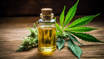 CBD Oil with Indian Hemp Leaves on Wooden Table - Natural Wellness - Generative AI