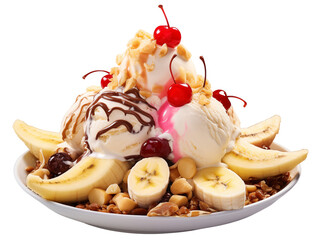 Close-up of a plate with a banana split ice cream and differen fruits and nuts isolated on white background