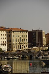 Vertical shot of the boats on the harbor with buildings in the background in Livorno, Italy