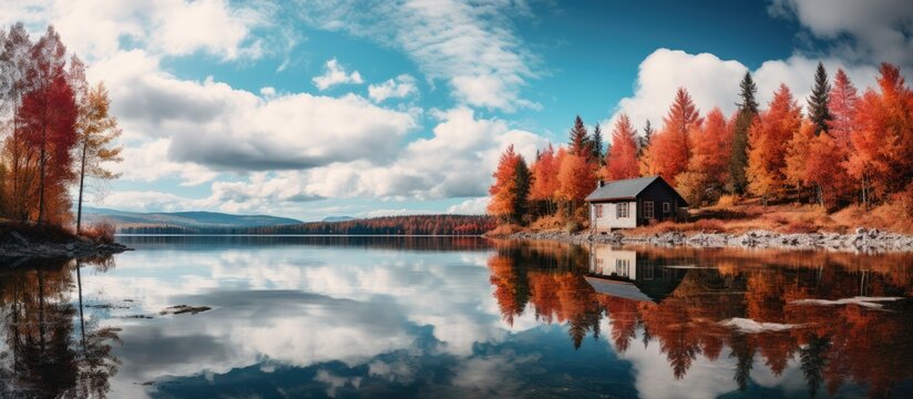 In the beautiful autumn landscape surrounded by the vibrant colors of the trees and the calming blue of the sky a charming cabin stood proudly by the serene lake offering a breathtaking refl