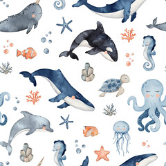 Underwater Animals seamless pattern. Cute undersea endless line with whale, orca, octopus, seahorse, jellyfish, turtle, clownfish, shells, algae, corals and bubbles. Hand drawn watercolor illustration