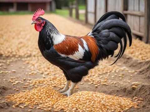 Rooster and grain on the farm. Chicken in the village, domestic animals, livestock farming