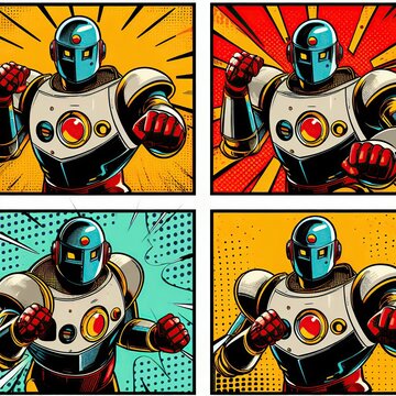 Retro robot seen in four-frame comic book throws a punch.
