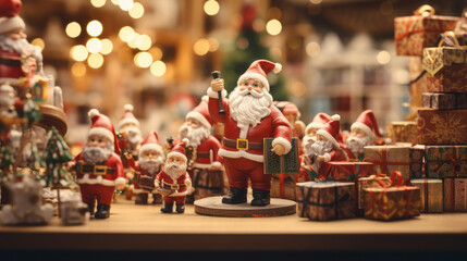 A miniature figurine of a cute Santa Claus on a blurry festive Christmas scene with many Santa Clauses, gift boxes and Christmas trees. Festive New Year card - obrazy, fototapety, plakaty