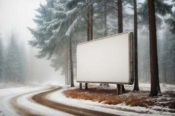 blank blank billboard for outdoor advertising poster. Christmas. New Year. a magical forest and a road. white billboard background