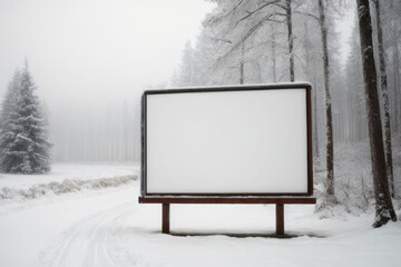 blank blank billboard for outdoor advertising poster. Christmas. New Year. a magical forest and a road. white billboard background