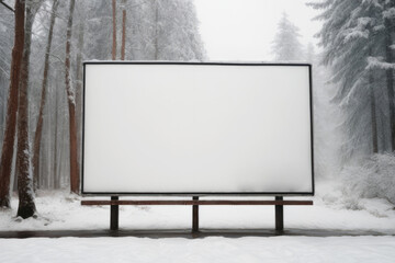 blank blank billboard for outdoor advertising poster. Christmas. New Year. a magical forest and a road. white billboard background