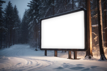 blank blank billboard for outdoor advertising poster. in the Christmas night traffic. New Year. a magical forest and a road. white billboard background