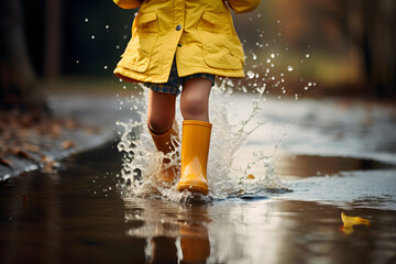 Child with yellow rubber boots running through water puddle