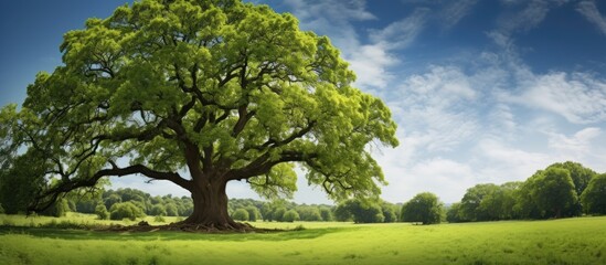 In the background of the outdoors a tall oak tree thrives in the spring with its lush green leaves growing showcasing a beautiful close up of the nature s astonishing display - Powered by Adobe