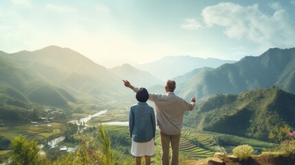 Fototapeta na wymiar Rear view of Asian Lifestyle senior couple hug and pointing the mountain nature