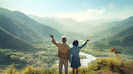 Rear view of Asian Lifestyle senior couple hug and pointing the mountain nature - Powered by Adobe