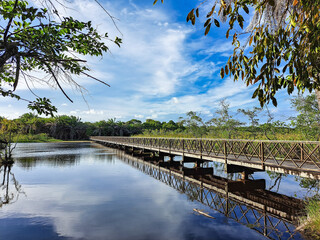 Bridge over the Timeantube River, entrance to the park Klaus Peters at Praia do Forte, Mata de Sao...