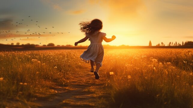 Little girl having fun in a field of flowers, little child running on the path between flower gardens during sunset