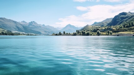 Obraz premium A large crystal clear lake in the middle of majestic mountains. Concept of peace in nature
