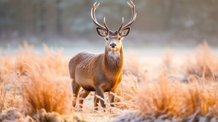 red deer buck standing in the frosted grass on an early cold winter mornin