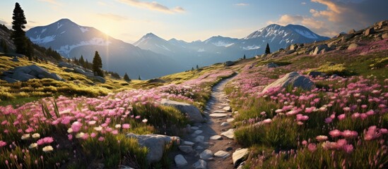 During the summer I traveled to a beautiful mountain landscape where I enjoyed the stunning view of colorful flowers lush green grass and pink stones completely immersing myself in the natur - obrazy, fototapety, plakaty