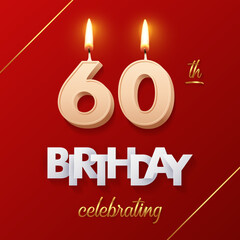 Birthday 60 number candles with fire for anniversary vector illustration. 3D realistic beige wax numbers twenty with candlelight, white and gold font on red background for invitation, greeting card