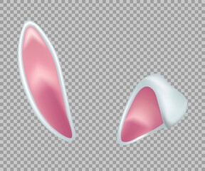 Rabbit ears realistic 3d vector illustration. Easter bunny ears kid headband, mask. Hare costume white and pink element. Photo editor, booth, video chat app isolated on transparent background - obrazy, fototapety, plakaty