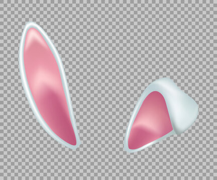 Rabbit ears realistic 3d vector illustration. Easter bunny ears kid headband, mask. Hare costume white and pink element. Photo editor, booth, video chat app isolated on transparent background