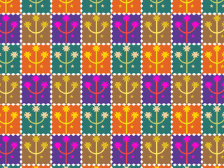 Abstract colorful patchwork pattern with decorative flowers.