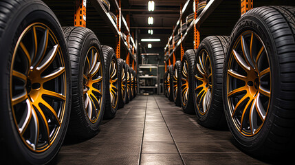 Car tires in the shop. Auto service industry. Selective focus.  3d rendering of car tires in a car repair service station. Rows of car tires in warehouse.   - obrazy, fototapety, plakaty