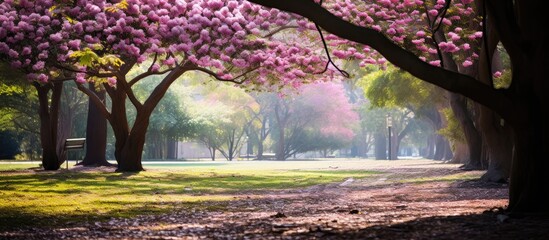 In the background of a lush green park the beauty of summer shines through with vibrant floral displays where trees adorned with pink flowers and colorful leaves create a truly mesmerizing 