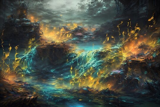 An abstract painting that depicts a flowing river in hell in a very unique style