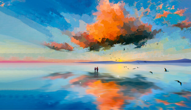 lovers enjoy sunset over the lake original illustration