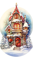 Obraz premium A three-storey house with a decorated red door, Christmas trees standing at the porch and snowdrifts around, are depicted on a vertical New Year's greeting card