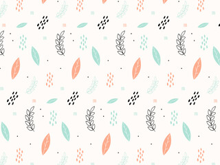 Seamless pattern with hand-drawn leaves and dots. Vector illustration.