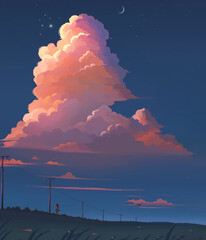 anime girl standing under the blue cloudy sky original illustration