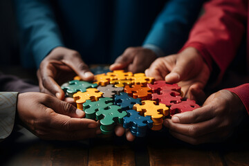 Diverse group of people holding interconnected puzzle pieces.