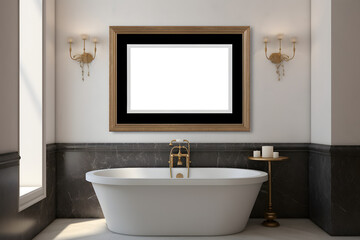 Fototapeta na wymiar Interior of a natural minimal luxury style bathroom with horizontal art mock up frame above bathtub. Generative ai