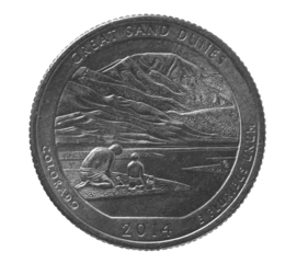 Quarter of dollar, coin isolated on white, clipping path, Great sand dunes, Colorado