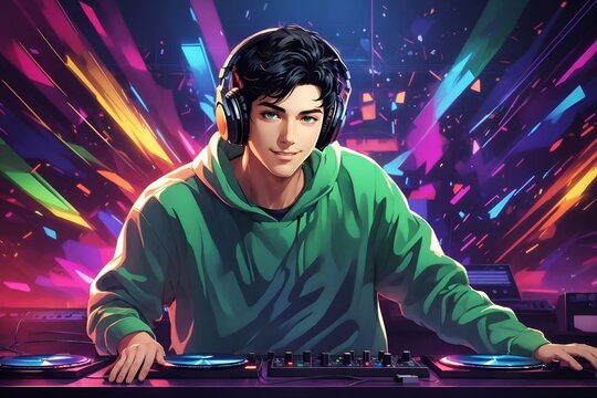 DJ in anime style at a party looking into the lens, colors swirling in the background