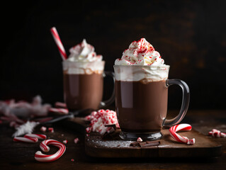 Peppermint-flavored hot chocolate topped with whipped cream and crushed candy canes