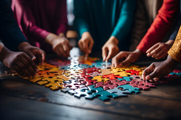 Multiracial group of people interconnected puzzle pieces