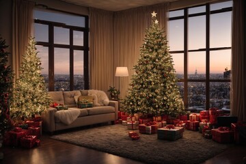 A cozy living room adorned with a majestic Christmas tree, surrounded by beautifully wrapped gifts, as the evening light streams in through the window, revealing a breathtaking cityscape