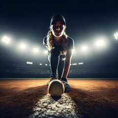 A wideangle shot of a softball player illuminated by the bright lights of the stadium