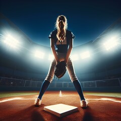 A wideangle shot of a softball player illuminated by the bright lights of the stadium