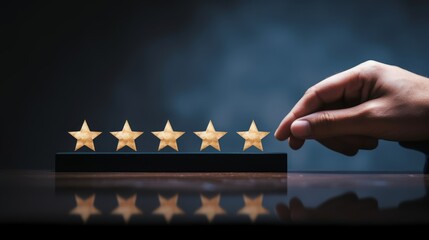 Hand choose five star symbol to increase rating of company. Concept of satisfaction, quality and performance of services. Copy space for web, Generative AI - obrazy, fototapety, plakaty