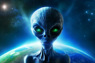 Alien on earth at dark blue background - obrazy, fototapety, plakaty