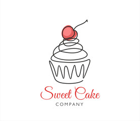 Cupcake with decoration and cherry continuous line drawing element isolated on white background for logo or decorative element. Vector illustration of sweet dessert form in trendy outline style.