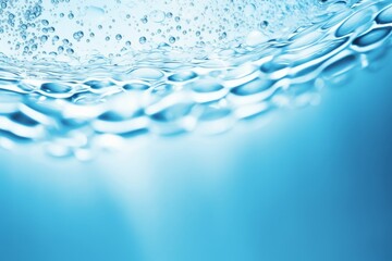 Trendy summer nature banner. Defocused blue liquid colored clear water surface texture with splashes bubbles with copy space. Water waves in sunlight, Generative AI